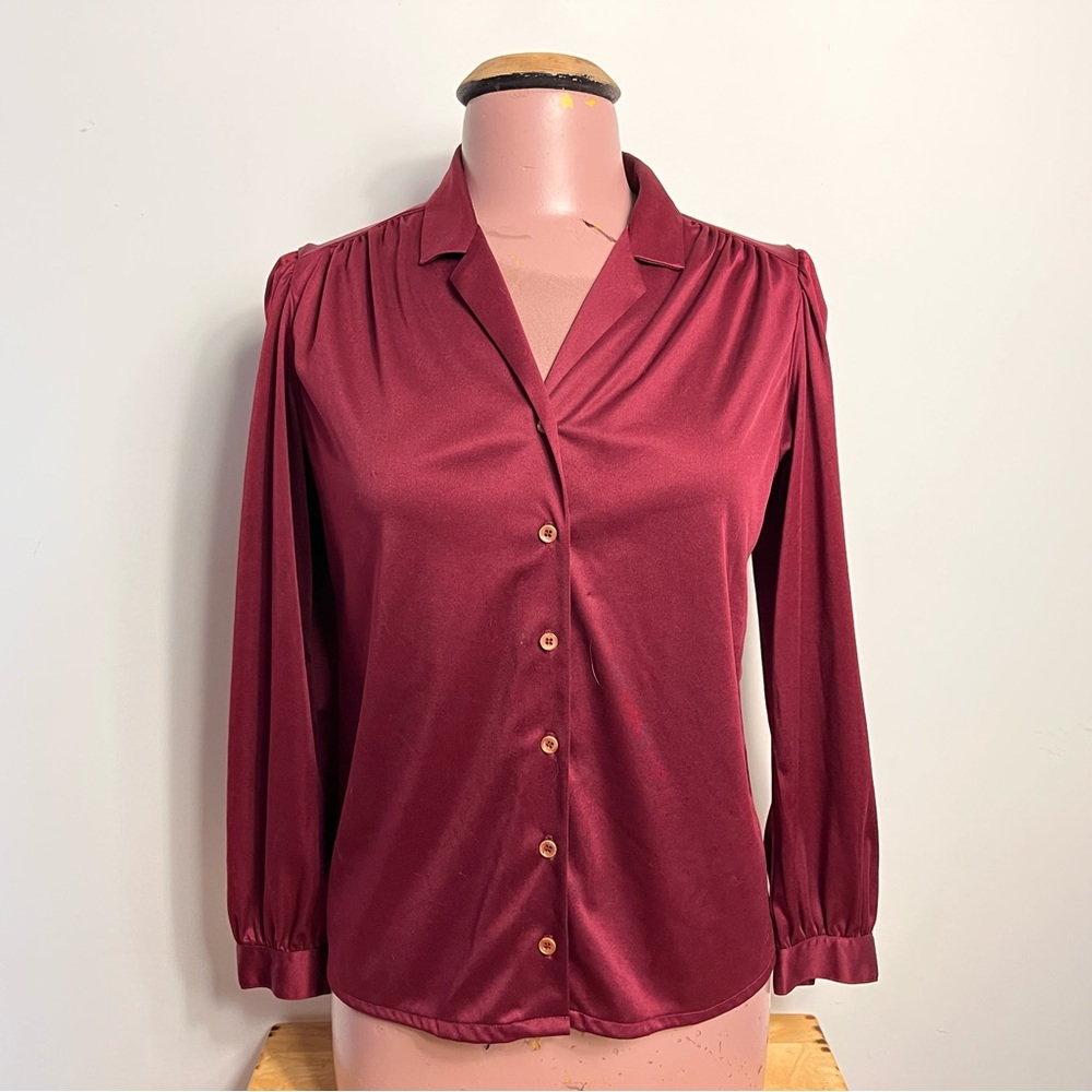 Vintage Burgundy Women's Button-Up Shirt Puffed Shoulders